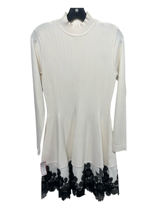 Lela Rose Size S Cream & Black Viscose Blend Mock Neck Flare Long Sleeve Dress Cream & Black / S