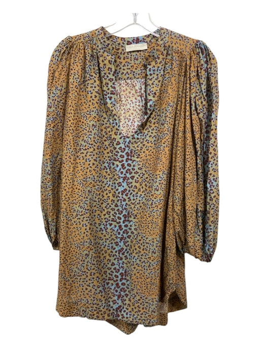 Ulla Johnson Size P Orange, Brown, Blue Cotton & Viscose Leopard V Neck Dress Orange, Brown, Blue / P