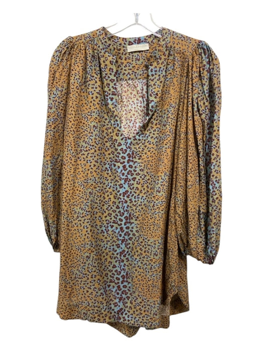 Ulla Johnson Size P Orange, Brown, Blue Cotton & Viscose Leopard V Neck Dress Orange, Brown, Blue / P