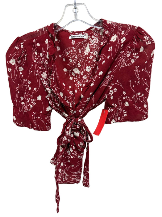 Reformation Size S Red & White Viscose Short Sleeve Floral Print Wrap Peplum Top