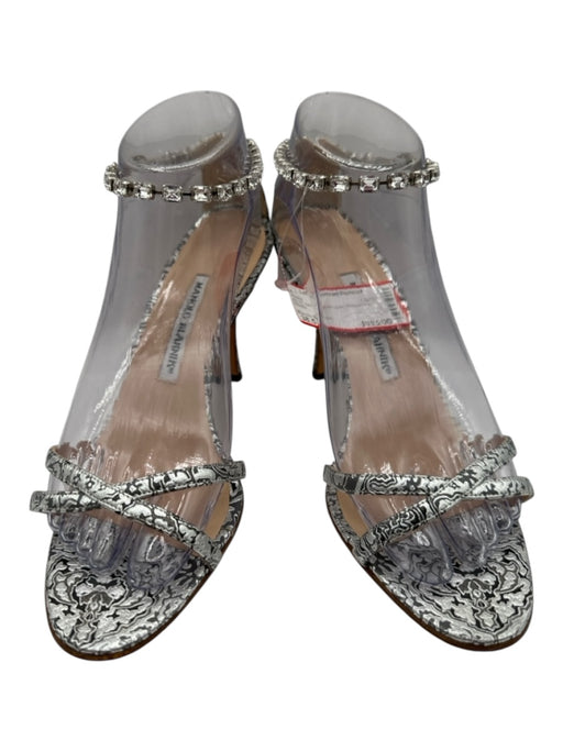 Manolo Blahnik Shoe Size 38.5 Silver Open Toe Rhinestone Stiletto Heels Silver / 38.5