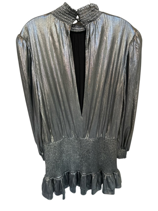 Retrofete Size M Silver Polyester Blend Long Bell Sleeve Metallic Smocked Dress Silver / M