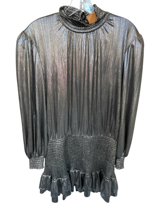 Retrofete Size M Silver Polyester Blend Long Bell Sleeve Metallic Smocked Dress Silver / M