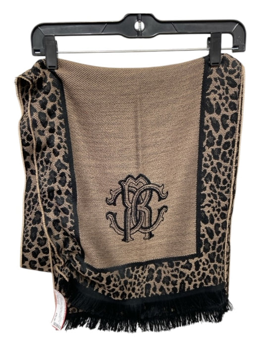 Roberto Cavalli Brown & Black Wool Blend Finland Fox Fur Animal Print Logo scarf Brown & Black / One Size