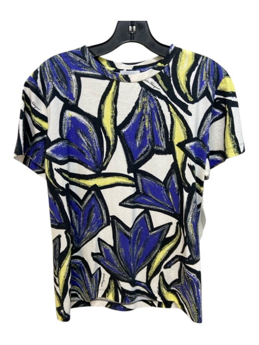 Salvatore Ferragamo Size S White, Blue & Yellow Cotton Leaf Print Scoop Neck Top White, Blue & Yellow / S