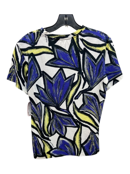 Salvatore Ferragamo Size S White, Blue & Yellow Cotton Leaf Print Scoop Neck Top White, Blue & Yellow / S