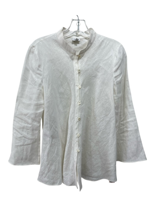 Armani Collezioni Size 8 White Flax Button Up Mandarin Collar 3/4 Sleeve Top White / 8