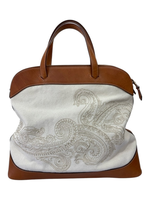 Etro Cream & Brown Canvas Leather 2 handles Embroidered Zip Close Bag Cream & Brown / M