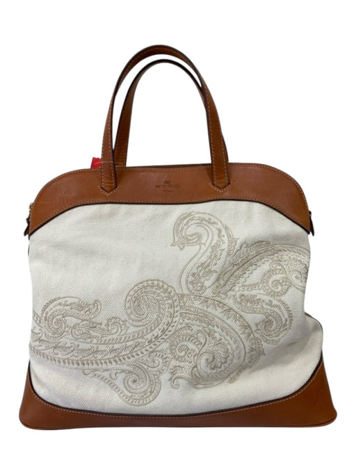 Etro Cream & Brown Canvas Leather 2 handles Embroidered Zip Close Bag Cream & Brown / M