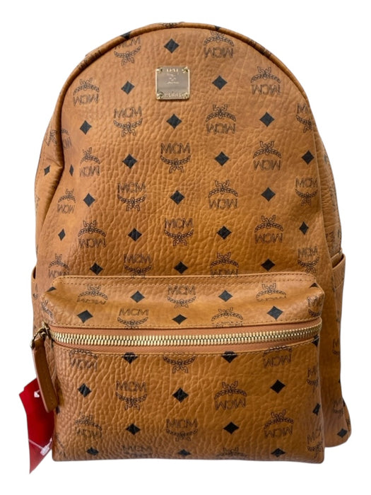 MCM Tan & black Leather Zip Close Monogram Gold Hardware Backpack Bag Tan & black / Large