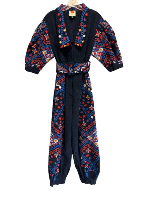 Farm Rio Size Small Blue, Red, Yellow Cotton Long puff sleeve Corduroy Jumpsuit Blue, Red, Yellow / Small