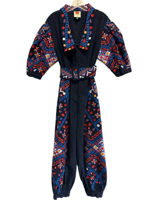 Farm Rio Size Small Blue, Red, Yellow Cotton Long puff sleeve Corduroy Jumpsuit Blue, Red, Yellow / Small