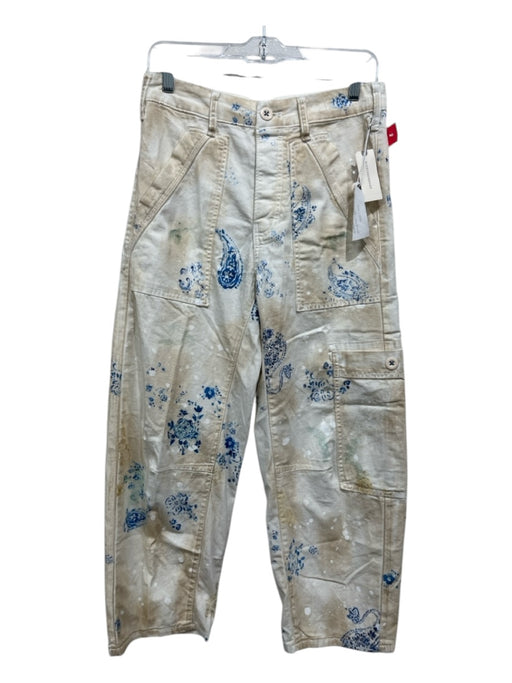 Pilcro Size 28 Cream & Blue Cotton Paisley Print Barrel Pants Cream & Blue / 28