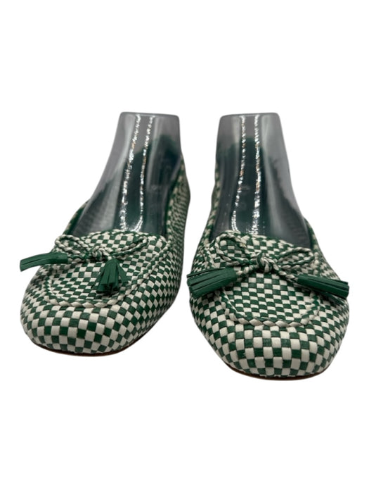 Tory Burch Shoe Size 11 Green & White Leather Bow Tie Checkered loafer Flats Green & White / 11