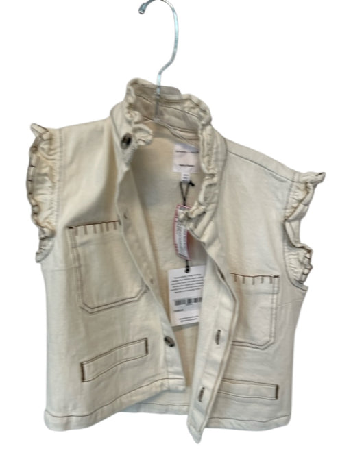 Seventy + Mochi Size 2 Cream & Brown Cotton Blend Ruffle Short Sleeve Denim Top Cream & Brown / 2