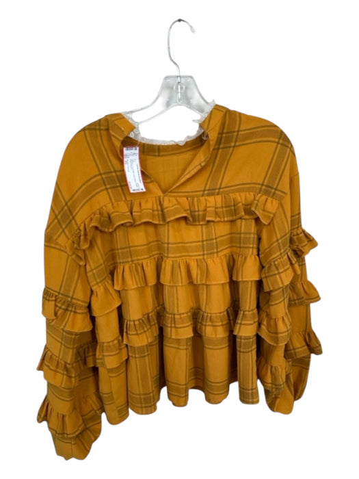 English Factory Size XS Mustard Polyester Long Sleeve Ruffles Plaid Top Mustard / XS