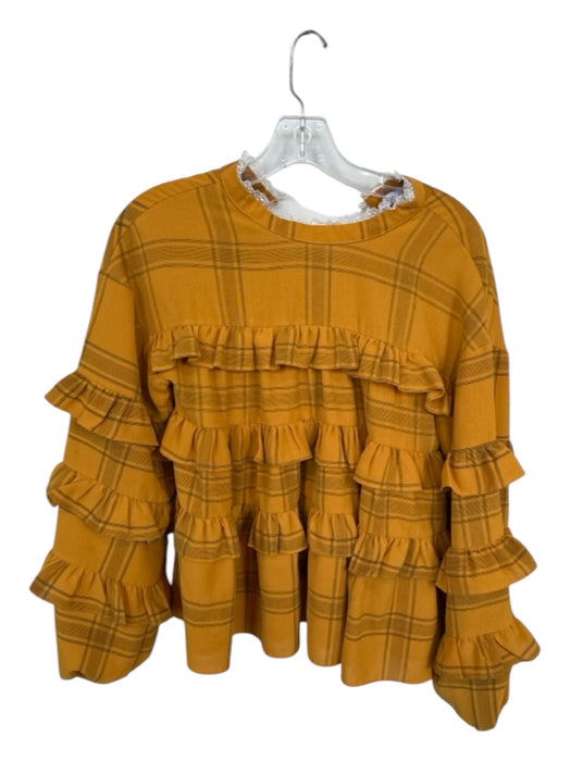 English Factory Size XS Mustard Polyester Long Sleeve Ruffles Plaid Top Mustard / XS