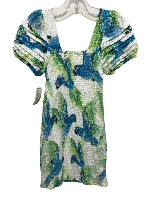 Farm Rio Size XS White & Multi Viscose Smocked Square Neck Dress White & Multi / XS