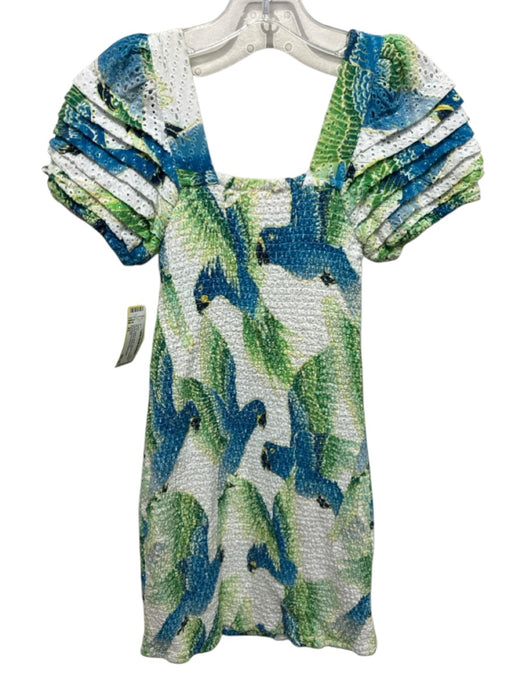 Farm Rio Size XS White & Multi Viscose Smocked Square Neck Dress White & Multi / XS
