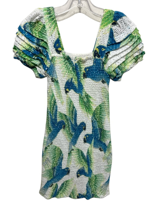 Farm Rio Size XS White & Multi Viscose Smocked Square Neck Dress White & Multi / XS
