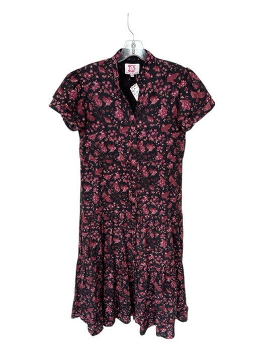 Victoria Dunn Size XS Black & Magenta Cotton Short Sleeve Birds Flowers Dress Black & Magenta / XS