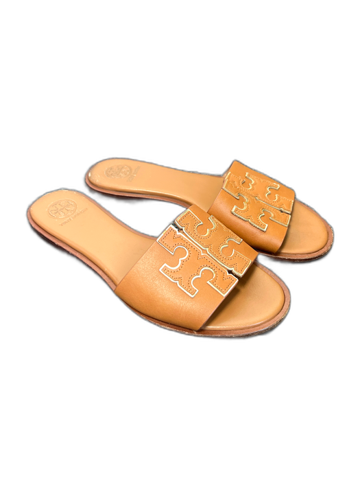 Tory Burch Shoe Size 7 Brown Leather Logo Open Toe Flat Slides Shoes Brown / 7
