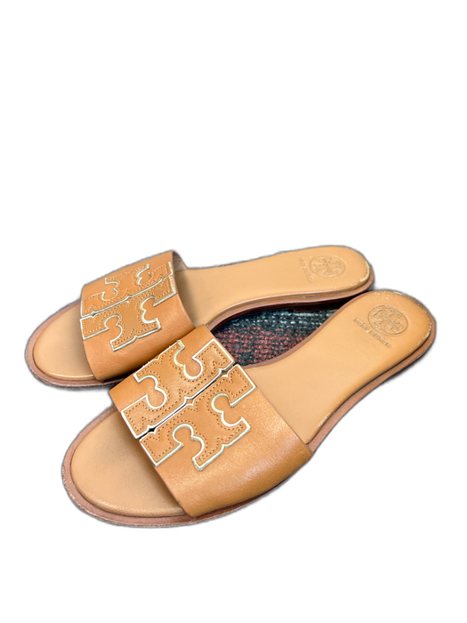 Tory Burch Shoe Size 7 Brown Leather Logo Open Toe Flat Slides Shoes Brown / 7