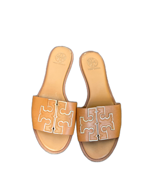 Tory Burch Shoe Size 7 Brown Leather Logo Open Toe Flat Slides Shoes Brown / 7
