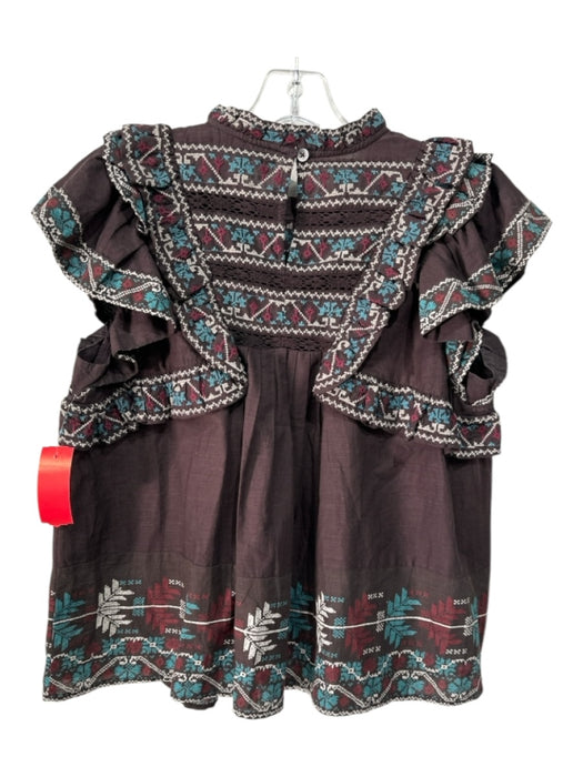 Sea New York Size M Brown, Blue & Red Cotton Embroidered Ruffle Detail Top Brown, Blue & Red / M