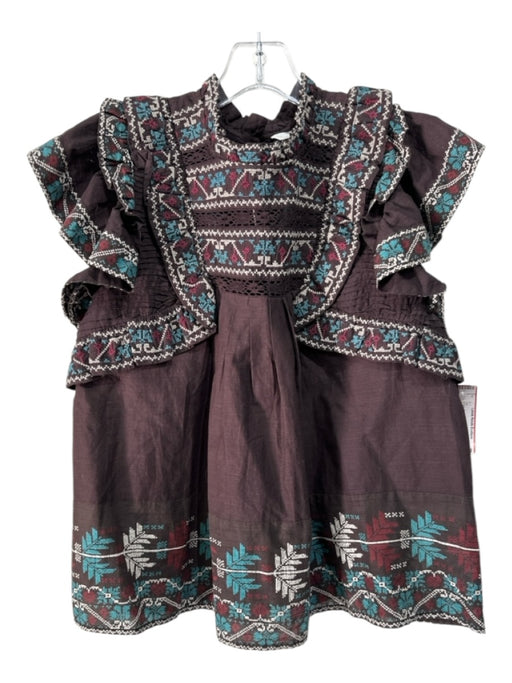 Sea New York Size M Brown, Blue & Red Cotton Embroidered Ruffle Detail Top Brown, Blue & Red / M