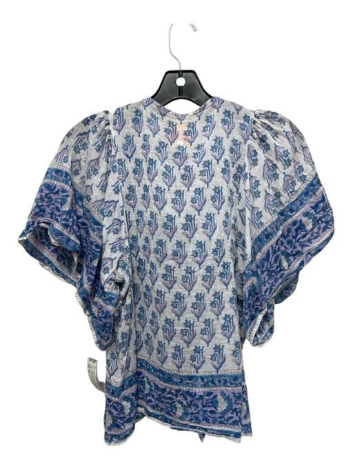 Bell Size M Blue, Purple, White Cotton & Silk V Neck Floral Short Sleeve Top Blue, Purple, White / M
