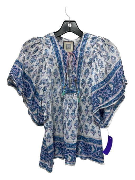 Bell Size M Blue, Purple, White Cotton & Silk V Neck Floral Short Sleeve Top Blue, Purple, White / M