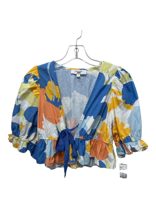 Peter Som Size 6 Blue, Orange, Green Tie Front Abstract Short Balloon Sleeve Top Blue, Orange, Green / 6