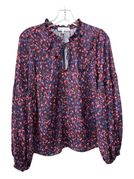 Willa Story Size M Blue, Pink & Red Polyester Tie V Neck Abstract Print Top Blue, Pink & Red / M