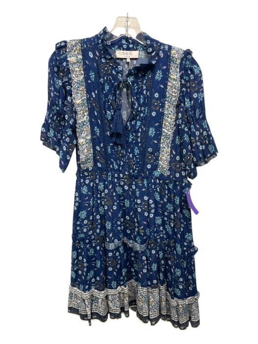 Sea New York Size 6 Blue, White, Purple Viscose Side Zip Floral V Neck Dress Blue, White, Purple / 6