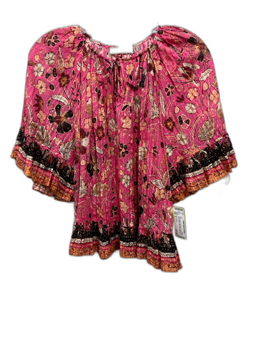 Ulla Johnson Size 4 Pink & Beige Cotton Blend Floral Short Flutter Sleeve Top Pink & Beige / 4
