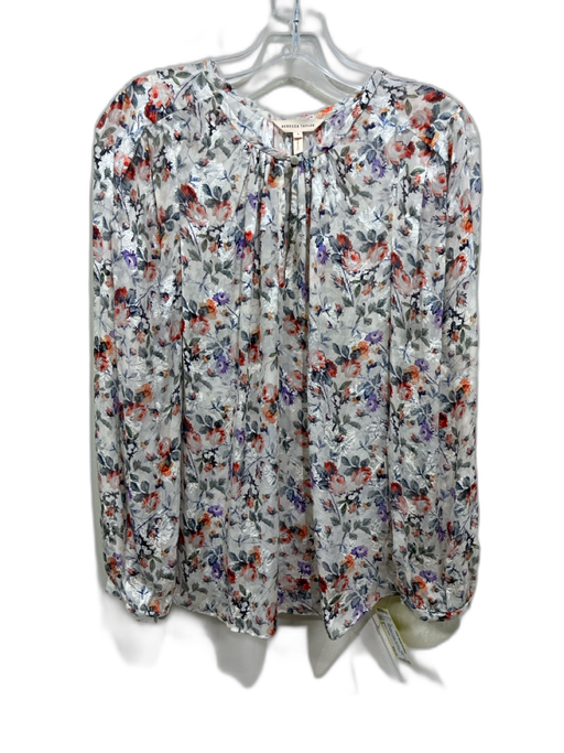 Rebecca Taylor Size 6 White, Red & Purple Silk Blend Floral Long Sleeve Top White, Red & Purple / 6