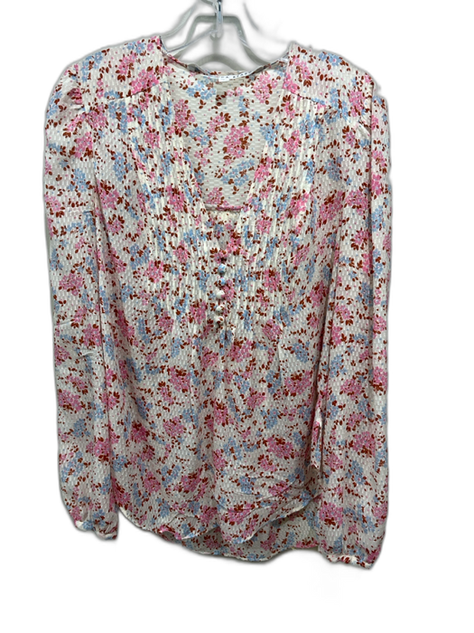 Veronica Beard Size 8 Cream, Pink & Blue Silk Floral Semi Sheer V Neck Top Cream, Pink & Blue / 8