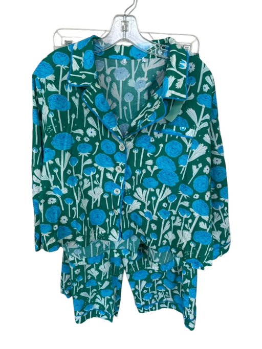 Mersea Size L Green, Blue & White Cotton Floral Long Sleeve Lounge Pajamas Green, Blue & White / L