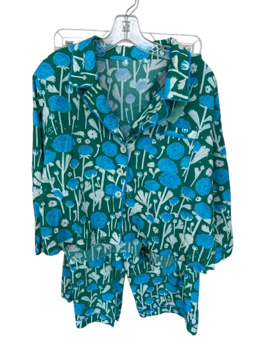 Mersea Size L Green, Blue & White Cotton Floral Long Sleeve Lounge Pajamas Green, Blue & White / L