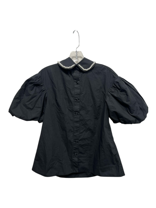 Simone Rocha Size 2 Black Cotton Pearl Detail Peter Pan Collar Button Down Top Black / 2