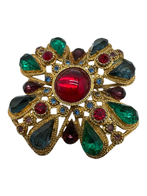 Gold, Red & Multi Gold Tone Metal Glass Bead Cross Brooch Gold, Red & Multi