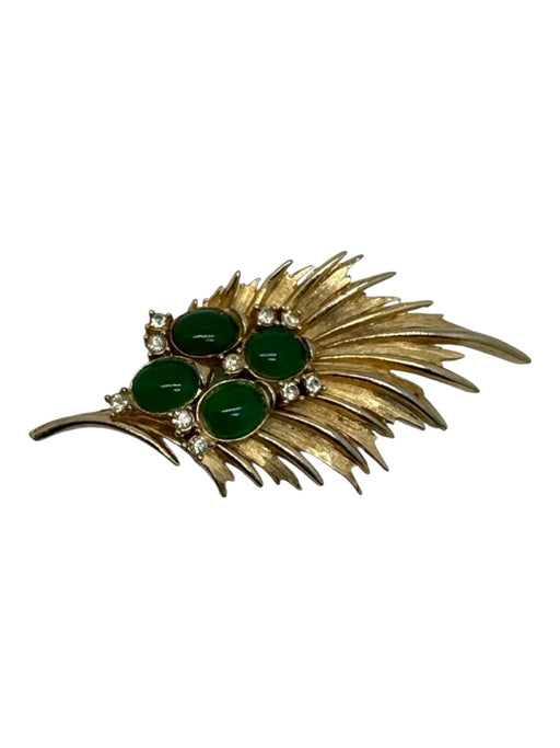 Gold & Green Gold Tone Metal Oval Stone Rhinestone Feather Brooch Gold & Green