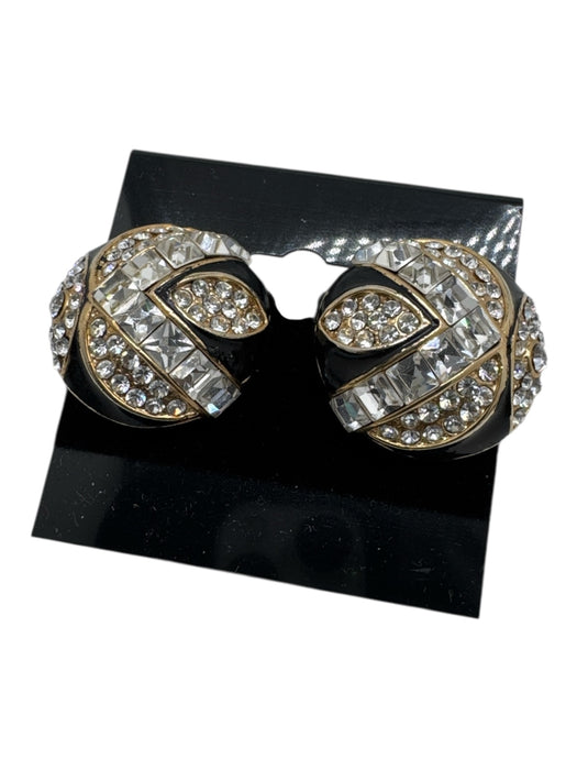 Black, Gold & Clear Gold Tone Metal Enamel Rhinestone Baguette Circle Earrings Black, Gold & Clear