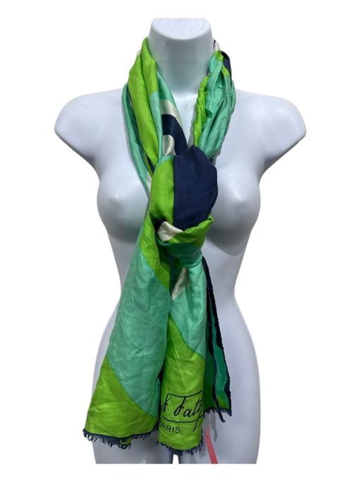 Jacques Fath Green, Navy & Whte Silk Rectangle Abstract Print Rolled Edges scarf Green, Navy & Whte / M