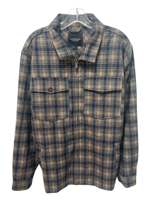 Liverpool LA NWT Size L Tan & Navy Print Cotton Blend Plaid Zip UP Men's Jacket Tan & Navy Print / L