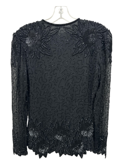 Size 8 Black Silk Beading Abstract Long Sleeve V Neck Top Black / 8