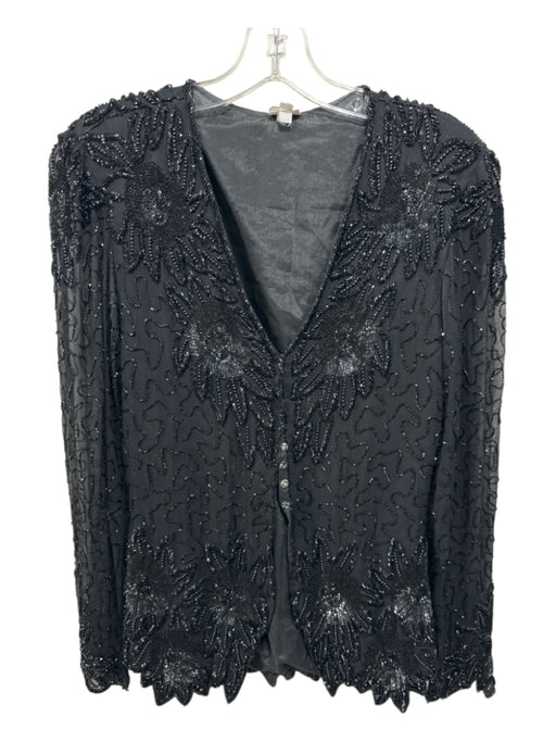 Size 8 Black Silk Beading Abstract Long Sleeve V Neck Top Black / 8