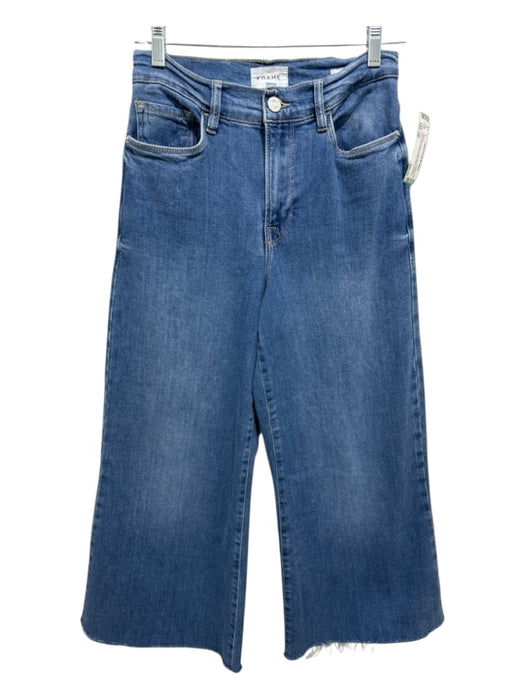 Frame Size 28 Light Med Wash Cotton Blend Denim Wide Leg Frayed Hem Crop Jeans Light Med Wash / 28