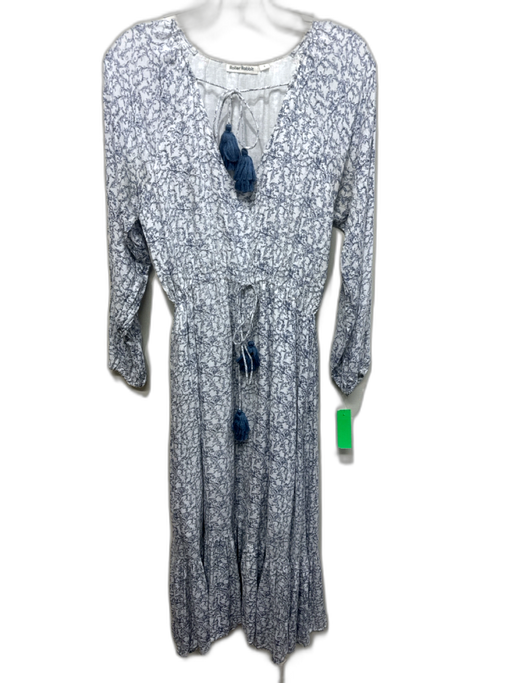 Roller Rabbit Size S White & Navy Viscose Long Sleeve V Neck Tassels Dress White & Navy / S